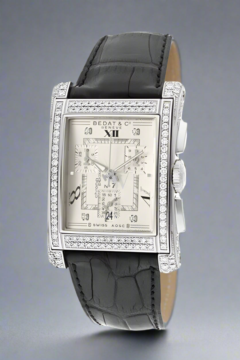 Watch with a detailed face and black leather strap on a white background