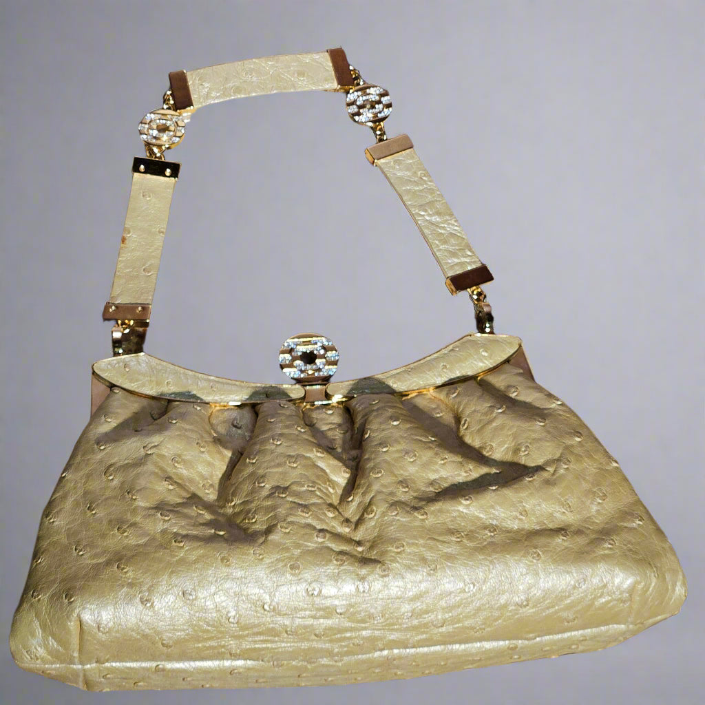 Loved By Lea: Bvlgari Vintage Crystal Logo Frame Bag in Gold Ostrich Leather