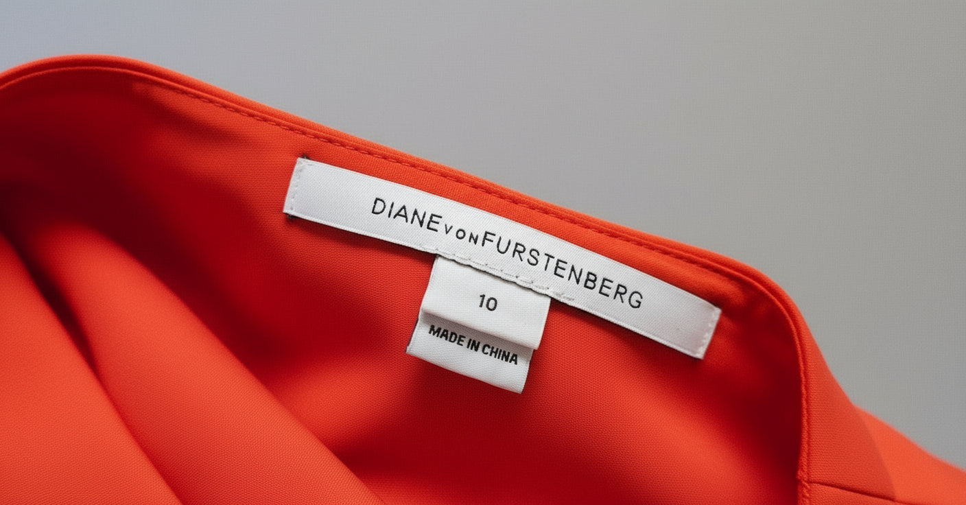 DVF label on a orange garment with a neutral background