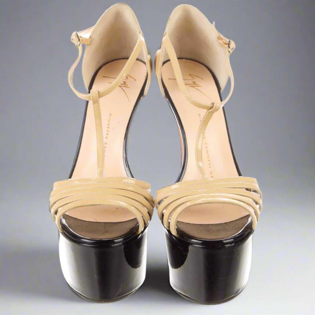 Loved By Lea: Giuseppe Zanotti T-Strap Peep-Toe Heels - Black and Beige Patent