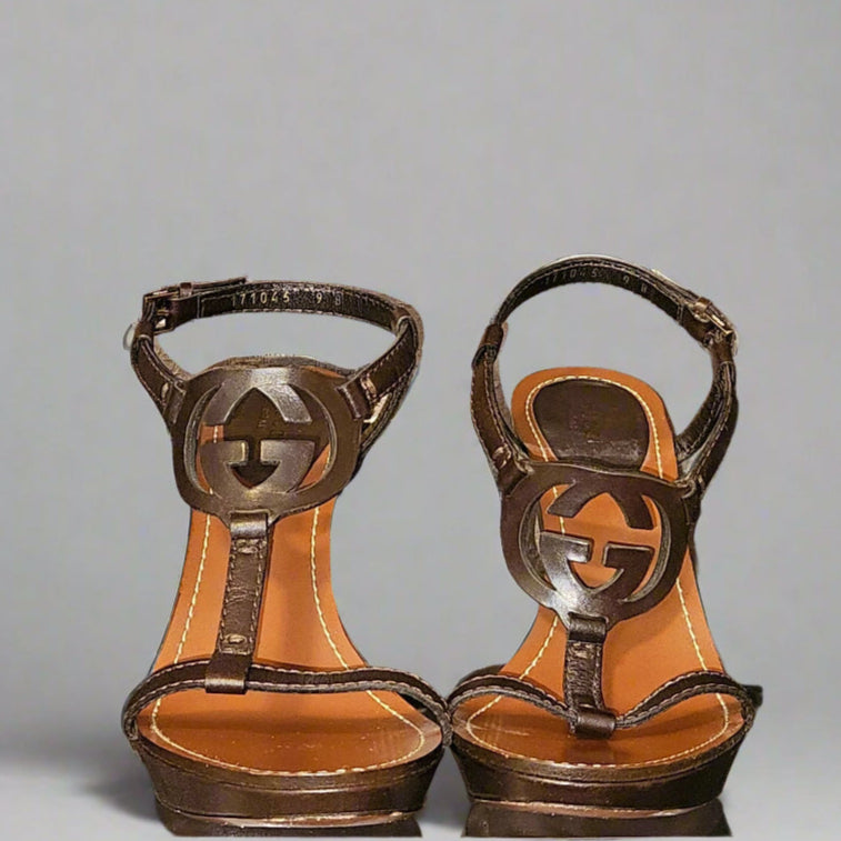 Loved by Lea Gucci Women's Brown Leather Wedge Sandals
