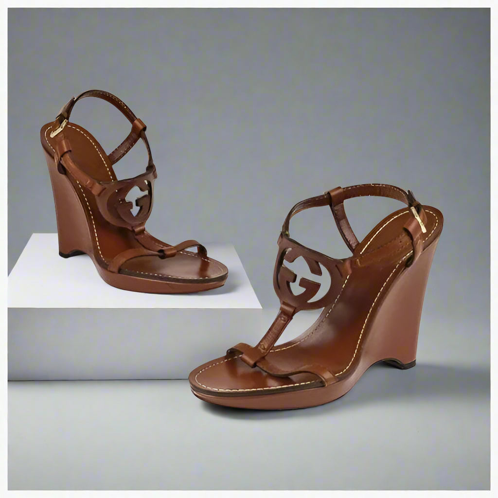 Loved by Lea: Gucci Brown Leather GG Logo Wedge Sandals