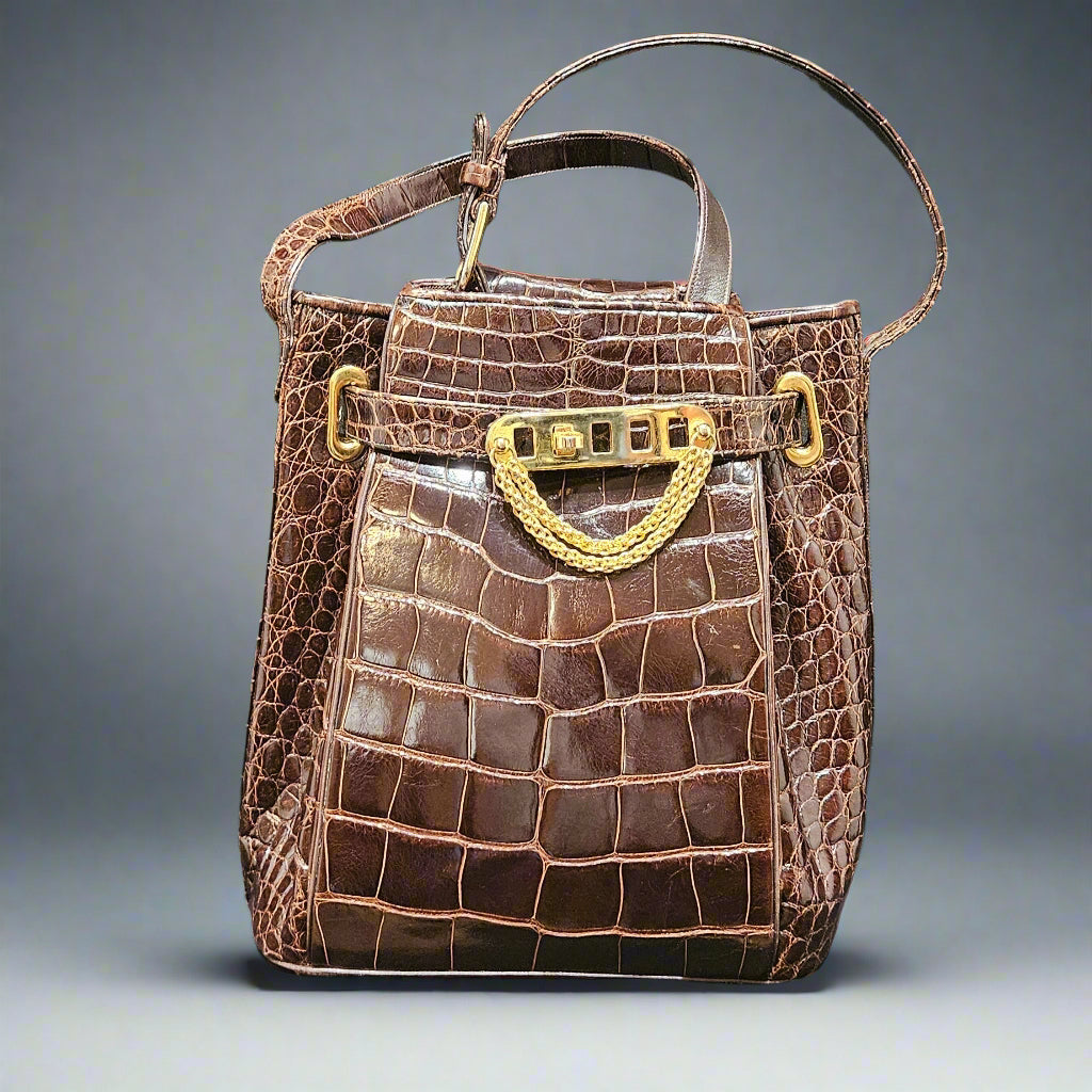 Loved By Lea: Judith Leiber Brown Crocodile Shoulder Strap Bucket Bag