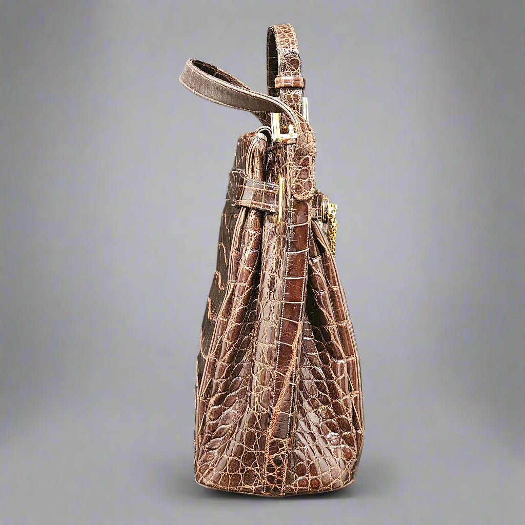 Loved By Lea: Judith Leiber Brown Crocodile Shoulder Strap Bucket Bag