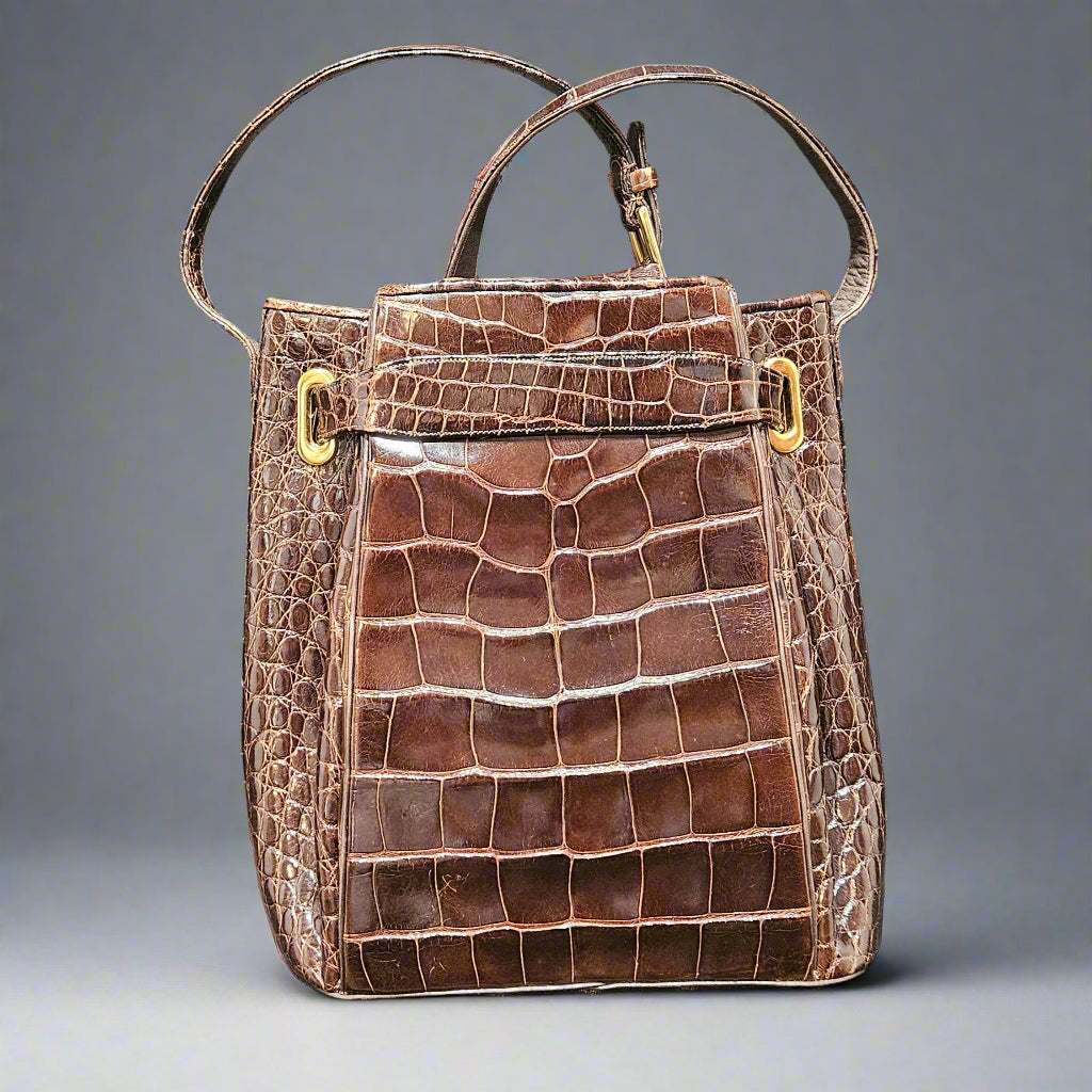 Loved By Lea: Judith Leiber Brown Crocodile Shoulder Strap Bucket Bag