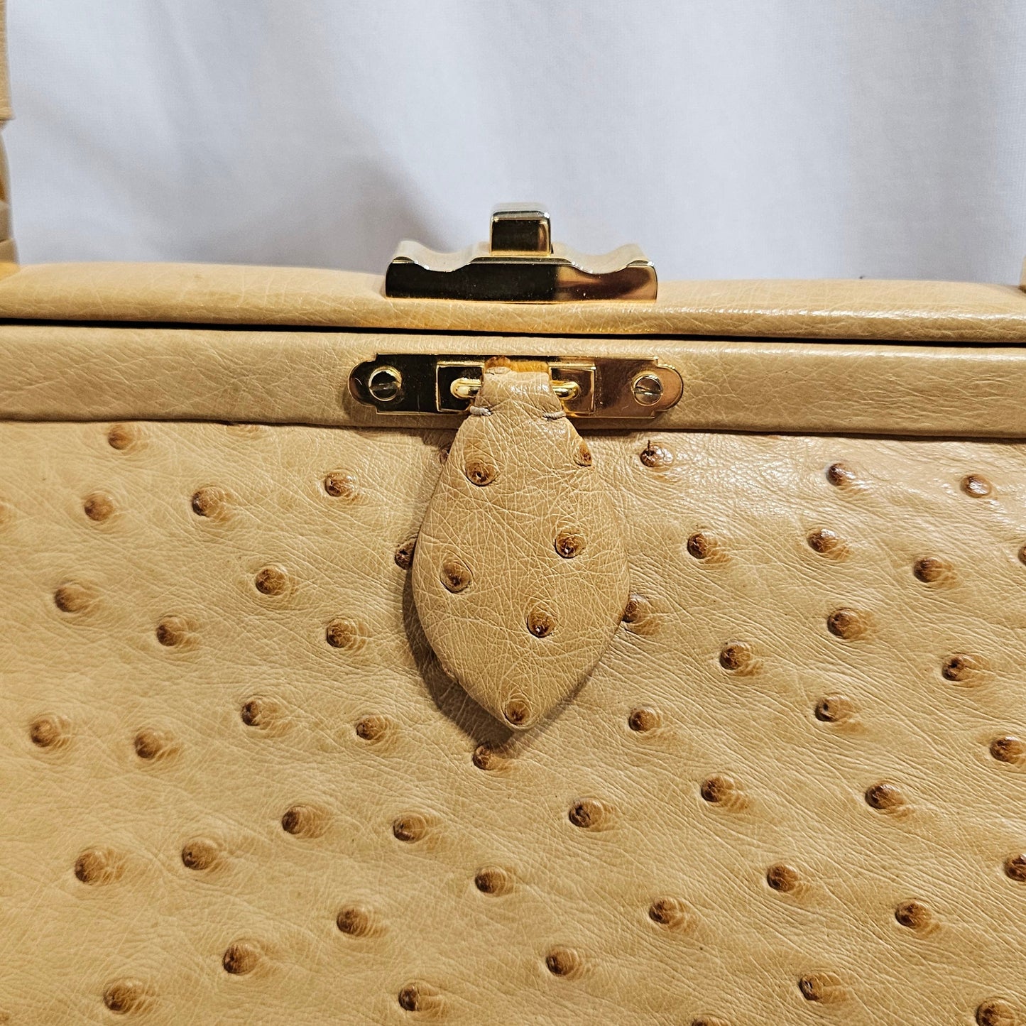 Loved By Lea: Judith Leiber Vintage Tan Ostrich Top Handle Satchel With Convertible Strap and Compact