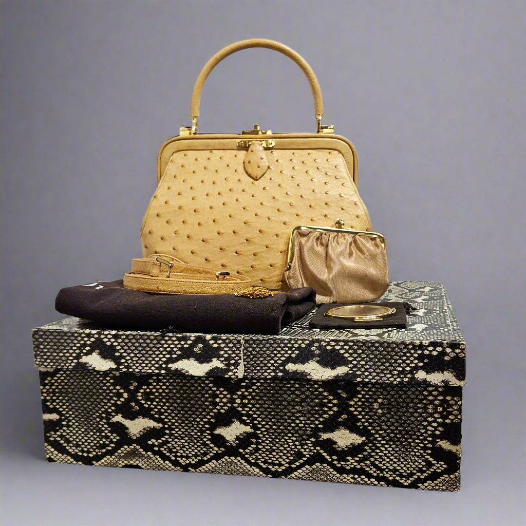 Loved By Lea: Judith Leiber Vintage Tan Ostrich Top Handle Satchel With Convertible Strap and Compact