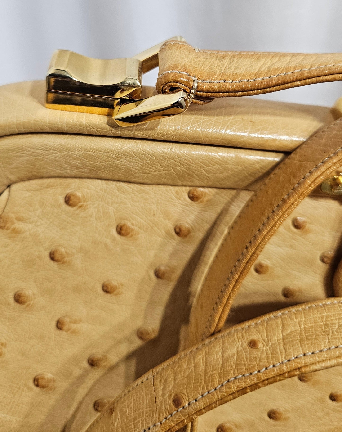 Loved By Lea: Judith Leiber Vintage Tan Ostrich Top Handle Satchel With Convertible Strap and Compact