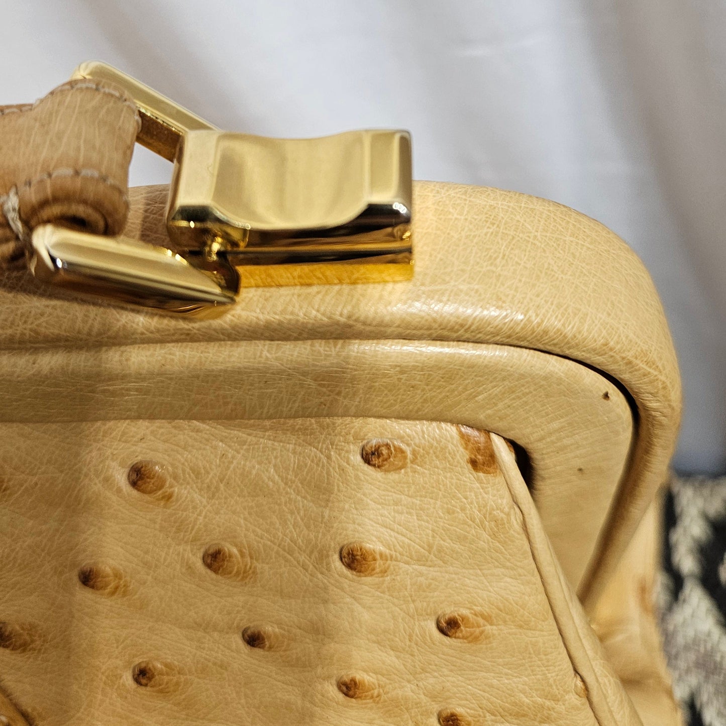 Loved By Lea: Judith Leiber Vintage Tan Ostrich Top Handle Satchel With Convertible Strap and Compact