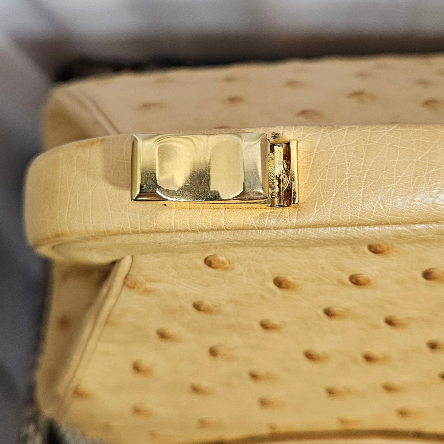 Loved By Lea: Judith Leiber Vintage Tan Ostrich Top Handle Satchel With Convertible Strap and Compact