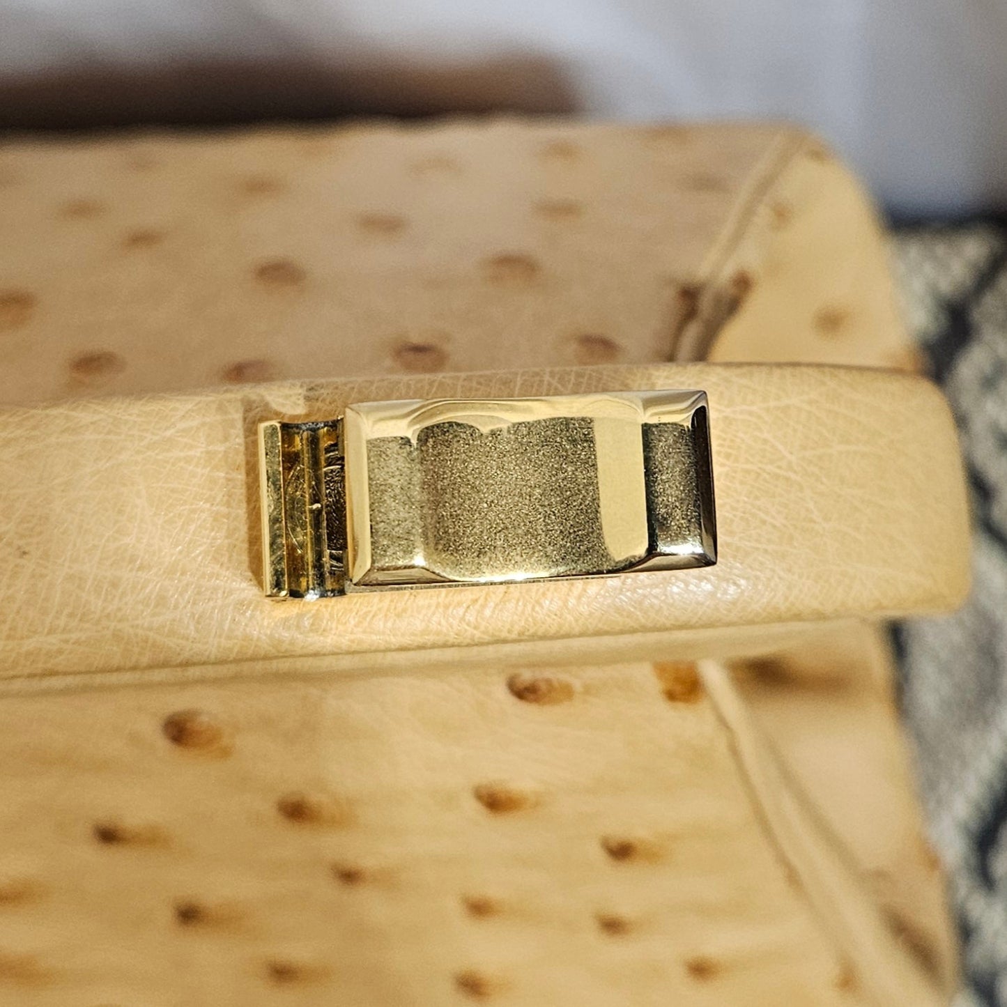 Loved By Lea: Judith Leiber Vintage Tan Ostrich Top Handle Satchel With Convertible Strap and Compact