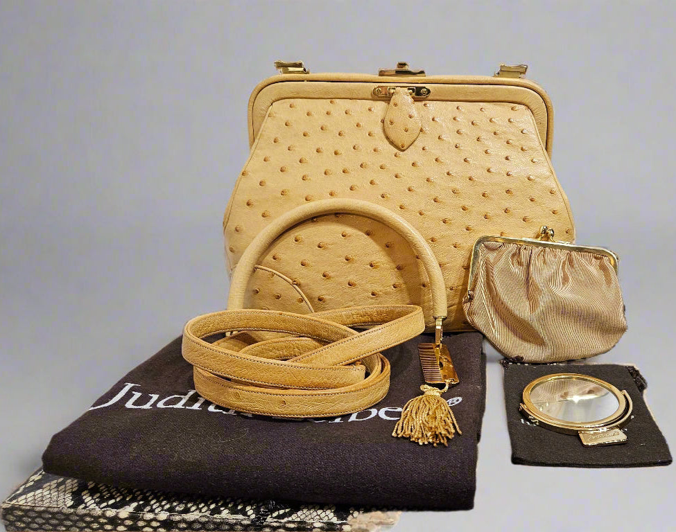 Loved By Lea: Judith Leiber Vintage Tan Ostrich Top Handle Satchel With Convertible Strap and Compact