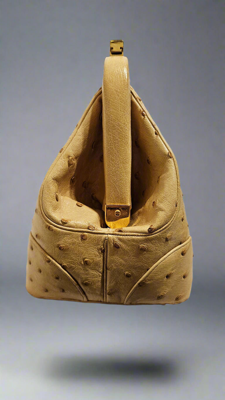 Loved By Lea: Judith Leiber Vintage Tan Ostrich Top Handle Satchel With Convertible Strap and Compact