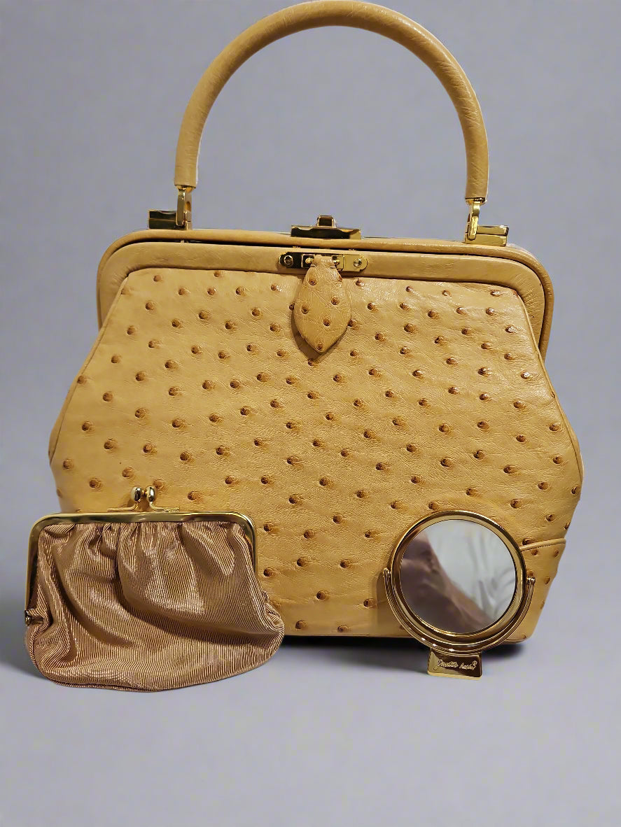 Loved By Lea: Judith Leiber Vintage Tan Ostrich Top Handle Satchel With Convertible Strap and Compact
