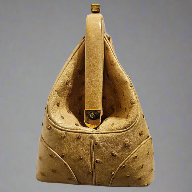 Loved By Lea: Judith Leiber Vintage Tan Ostrich Top Handle Satchel With Convertible Strap and Compact