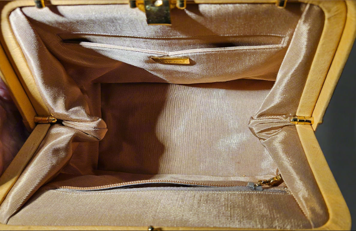 Loved By Lea: Judith Leiber Vintage Tan Ostrich Top Handle Satchel With Convertible Strap and Compact