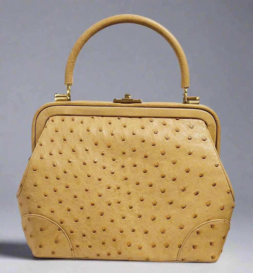 Loved By Lea: Judith Leiber Vintage Tan Ostrich Top Handle Satchel With Convertible Strap and Compact