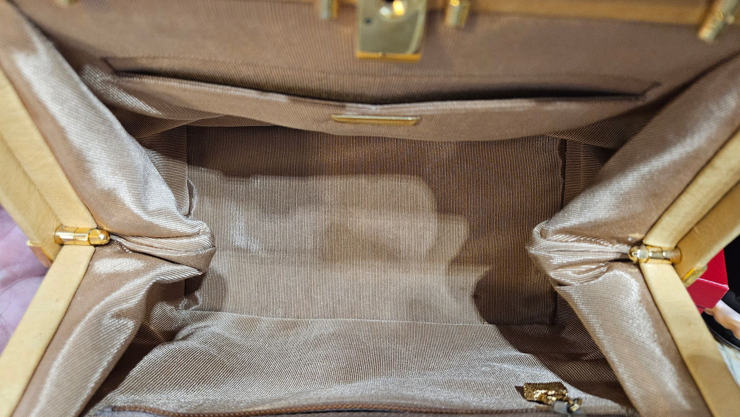 Loved By Lea: Judith Leiber Vintage Tan Ostrich Top Handle Satchel With Convertible Strap and Compact