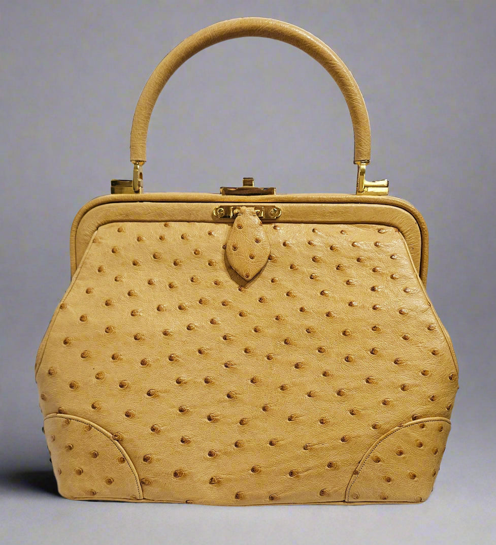 Loved By Lea: Judith Leiber Vintage Tan Ostrich Top Handle Satchel With Convertible Strap and Compact