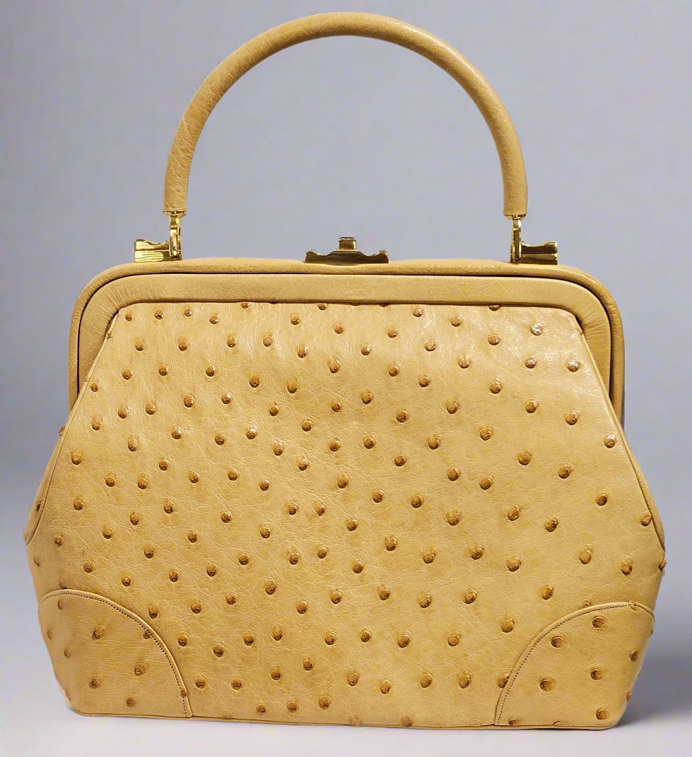 Loved By Lea: Judith Leiber Vintage Tan Ostrich Top Handle Satchel With Convertible Strap and Compact