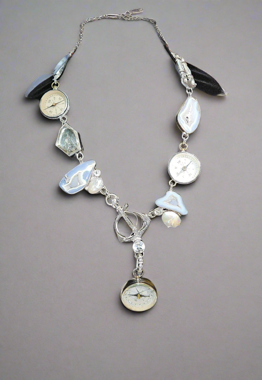 Loved By Lea Custom Nautical Compass & Anchor Statement Necklace – Blue Agate Accents | Neiman Marcus Exclusive
