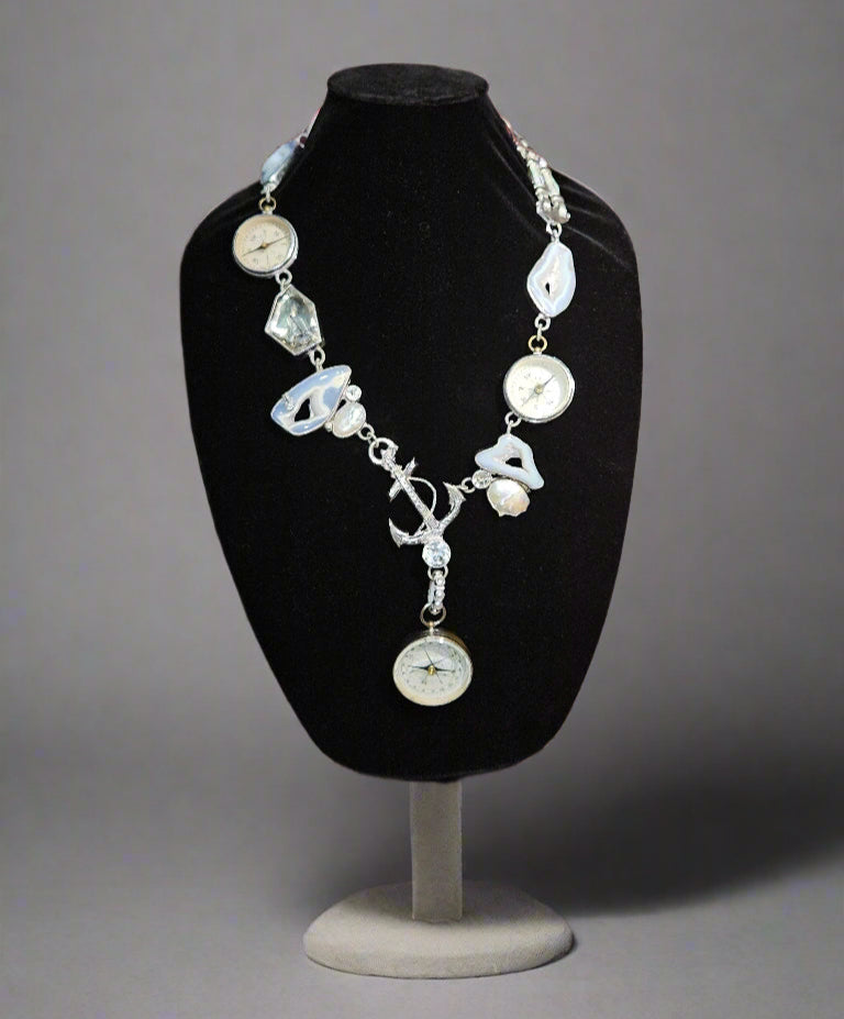 Loved By Lea Custom Nautical Compass & Anchor Statement Necklace – Blue Agate Accents | Neiman Marcus Exclusive