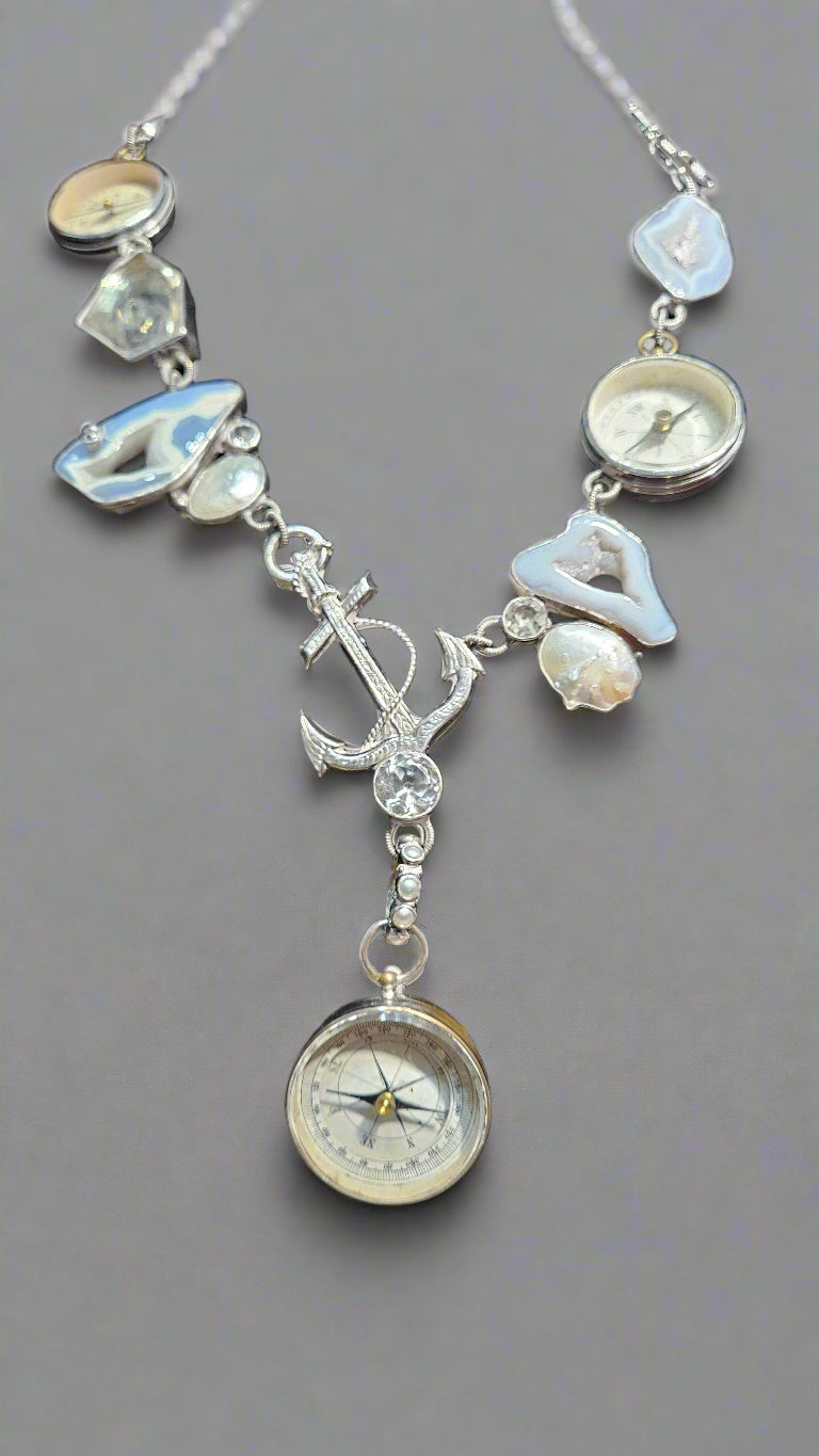 Loved By Lea Custom Nautical Compass & Anchor Statement Necklace – Blue Agate Accents | Neiman Marcus Exclusive