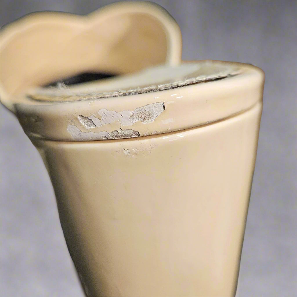 Close-up of a beige shoe with a visible scuff mark on a dark background