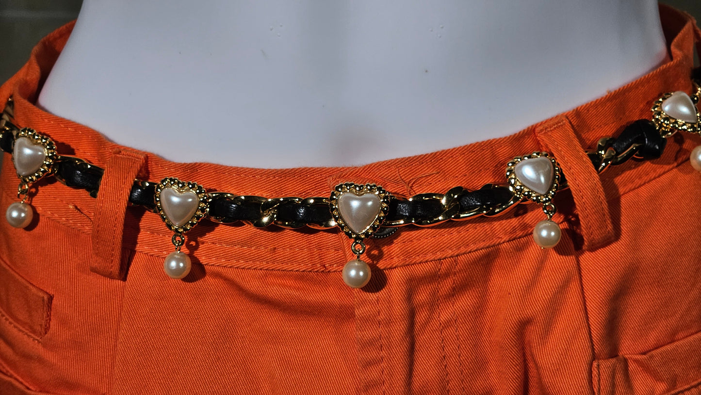 Loved by Lea: St. John Leather-Through Gold Chain Belt with Pearl Heart Charms — Size 32 — With Box