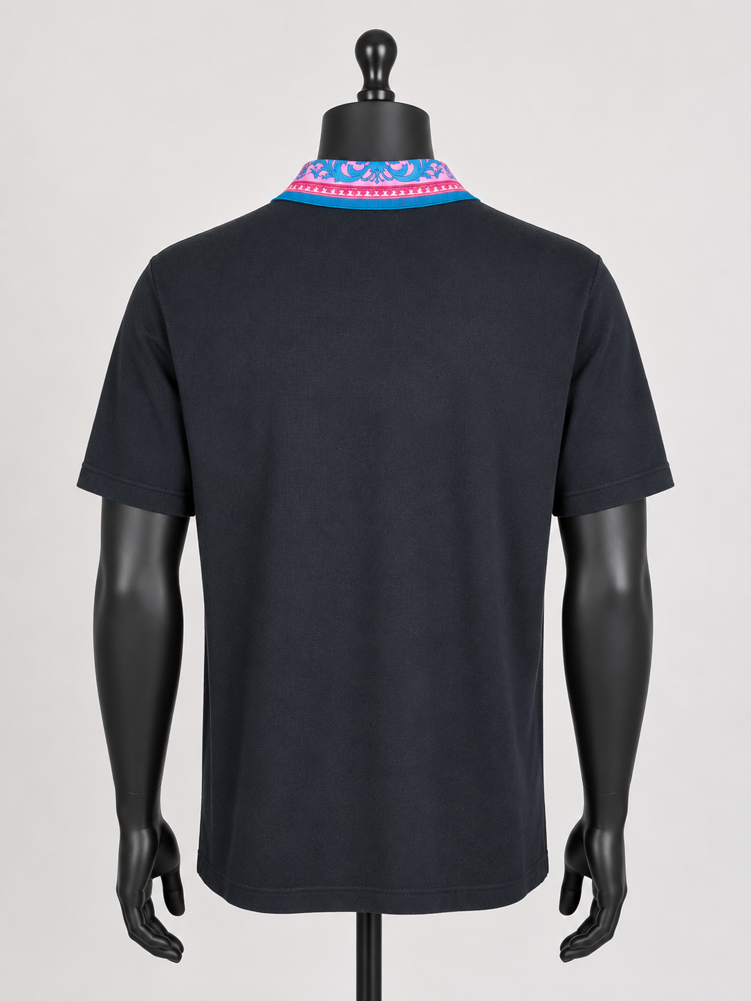 Versace Men's Black Polo with Pink and Blue Barocco Silk Print Collar - Back on Mannequin