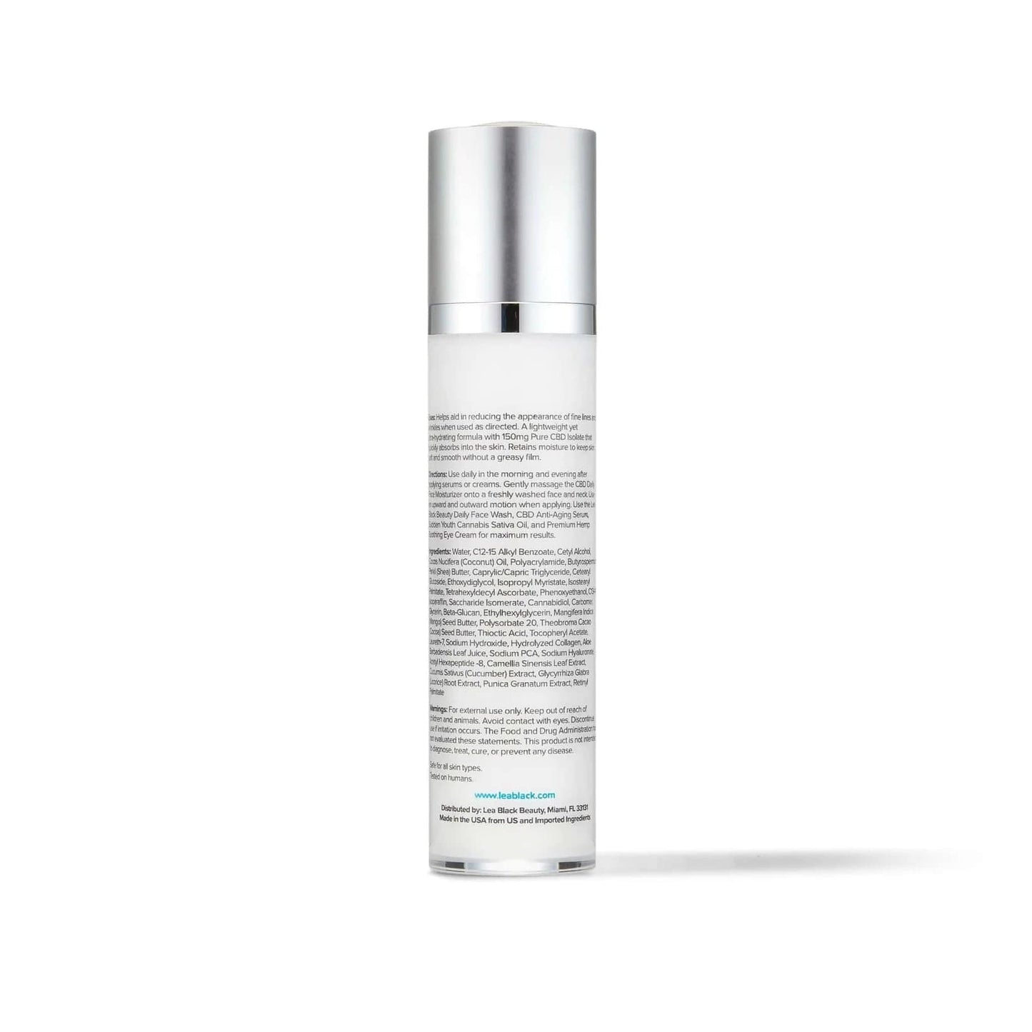 The back of a bottle of Lea Black Beauty® CBD Daily Face Moisturizer