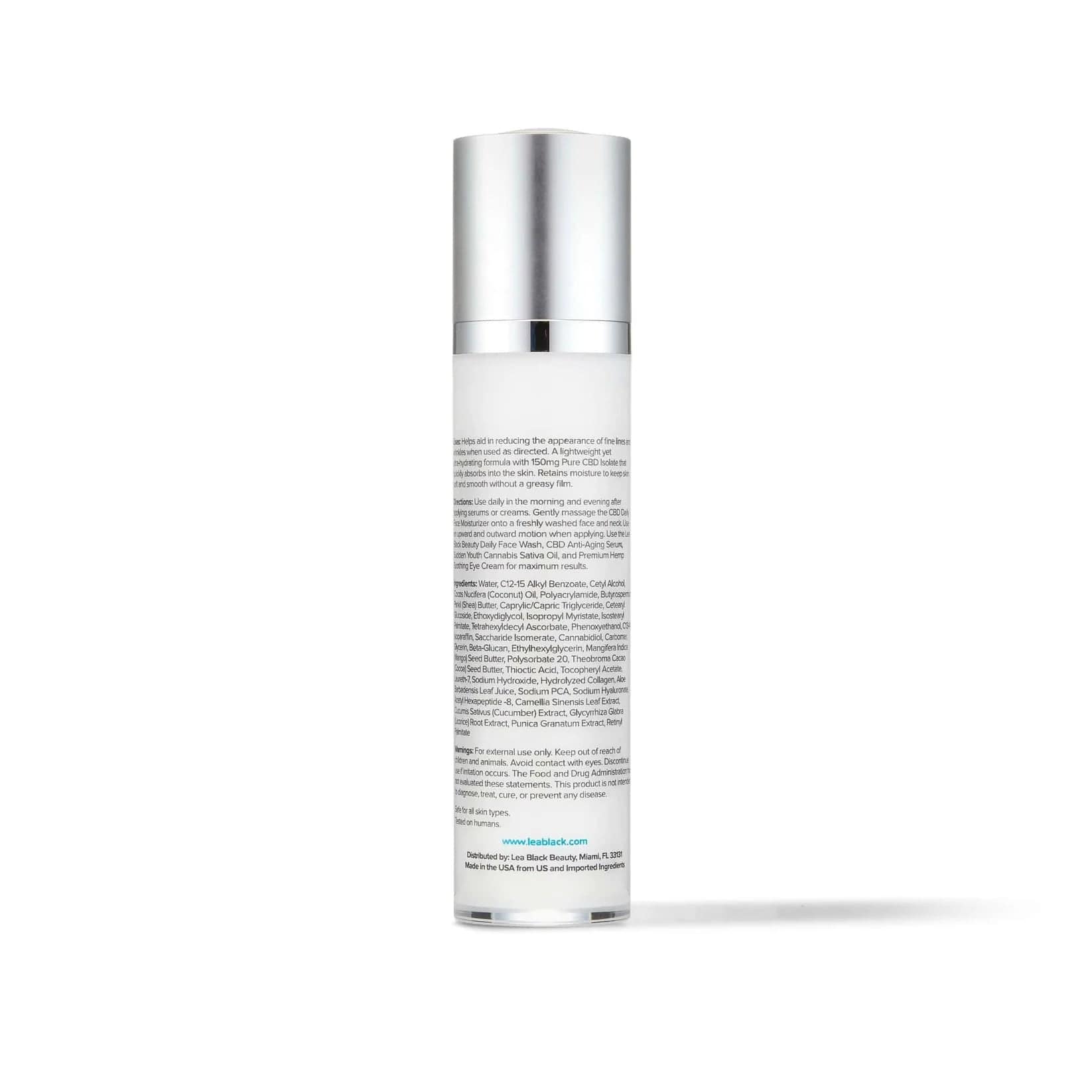 The back of a bottle of Lea Black Beauty® CBD Daily Face Moisturizer