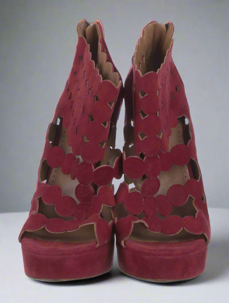Loved By Lea: Alaïa Burgundy/Maroon Suede Multi Strap Platform Pumps — Size EU 39.5 / US 9.5