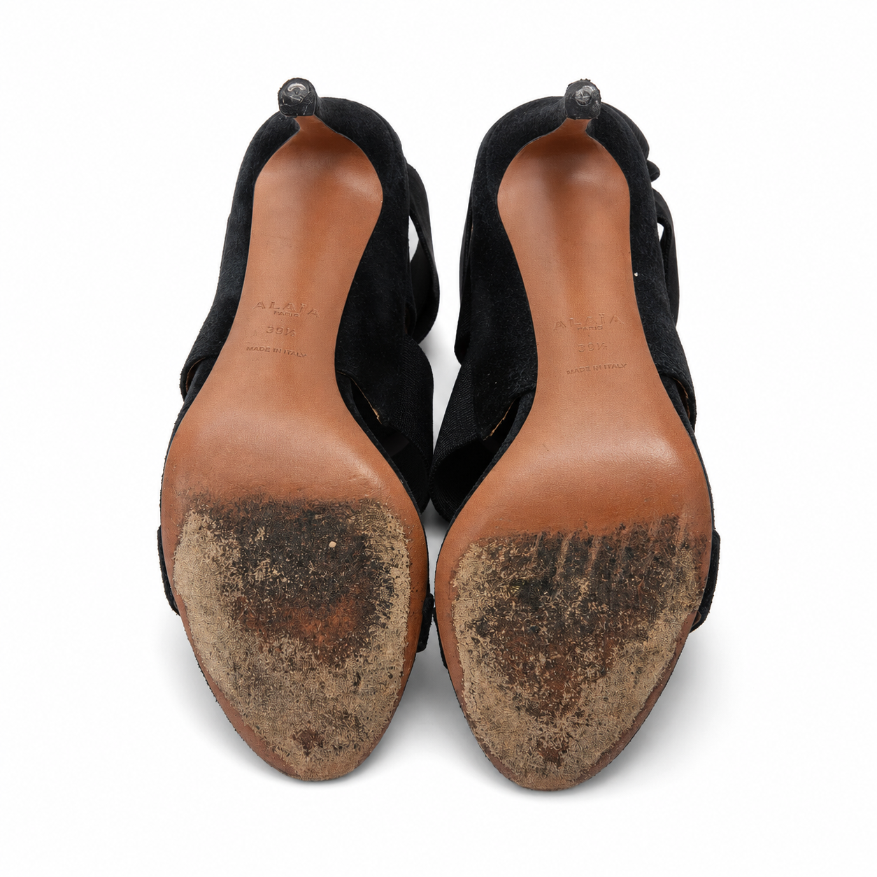 Alaïa black high heel sandals - sole view showing Made in Italy stamp