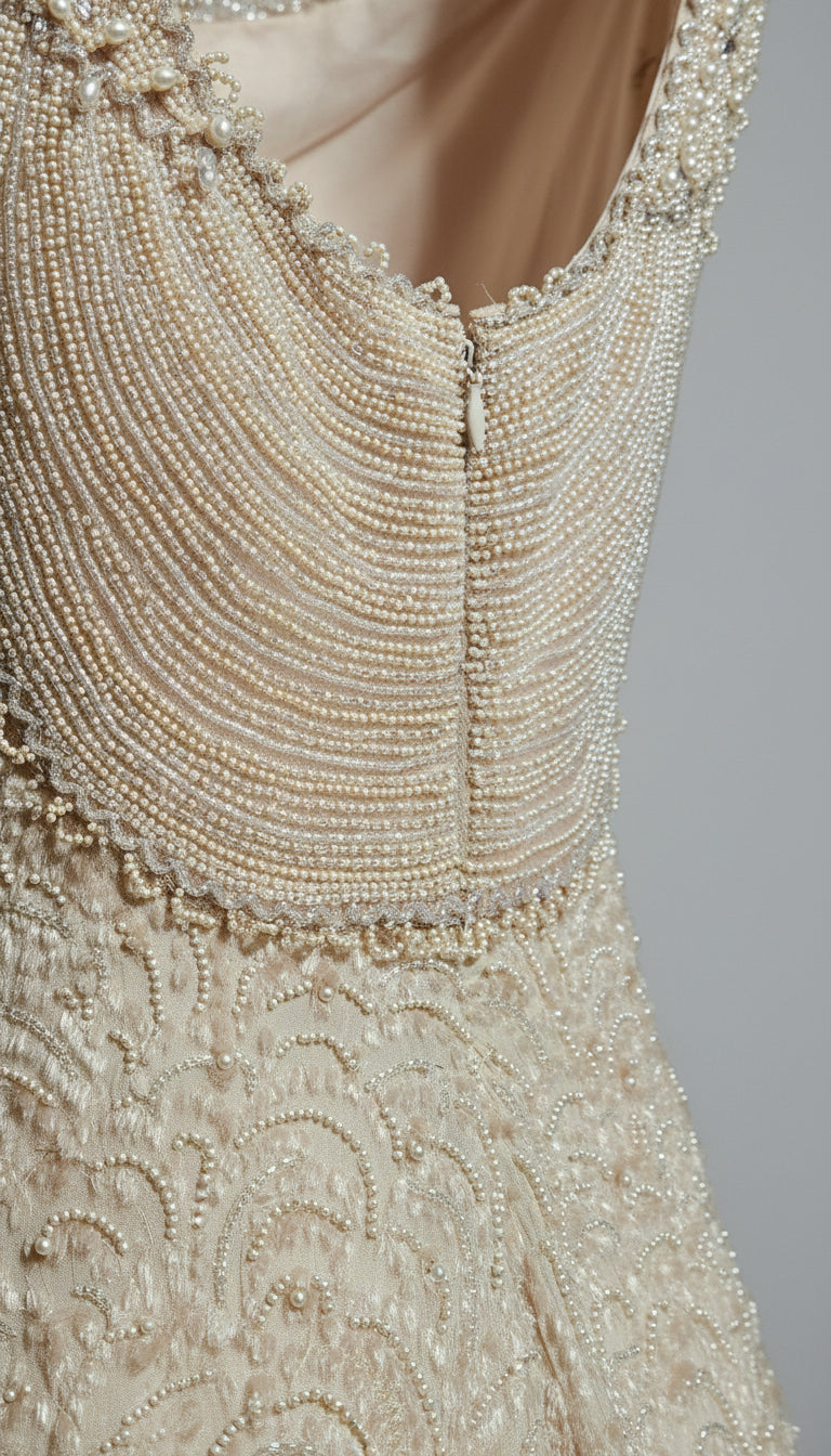 Loved by Lea: Badgley Mischka Flesh-Tone Beaded Gown – Size 8 (B Condition)