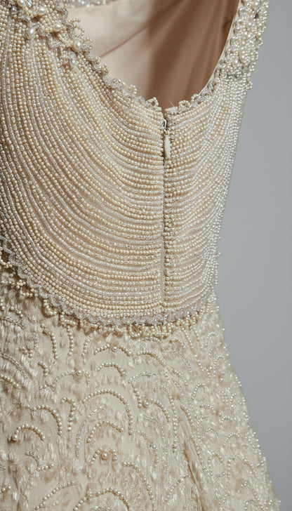 Loved by Lea: Badgley Mischka Flesh-Tone Beaded Gown – Size 8 (B Condition)