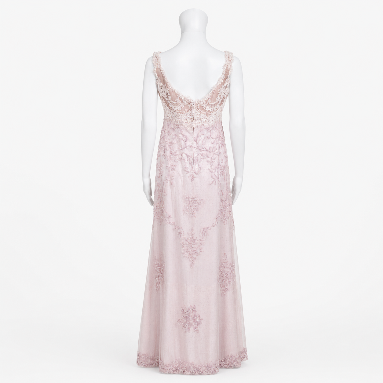 Pink lace dress on a mannequin against a white background