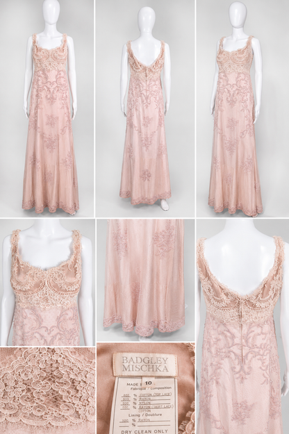 Collage of a pink lace dress on mannequins with a label in the bottom left corner.
