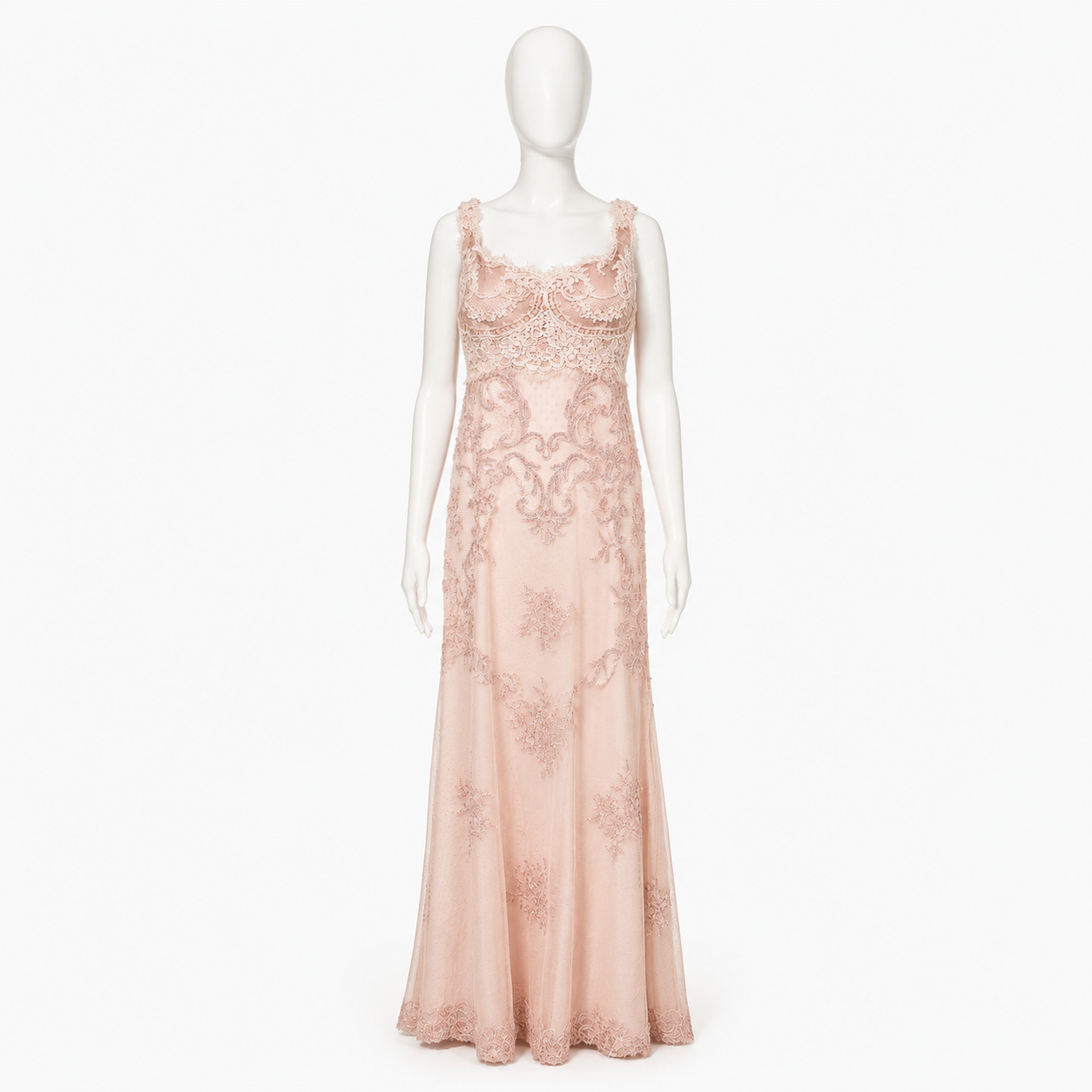 Mannequin wearing a pink lace evening gown on a white background
