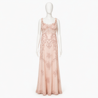 Mannequin wearing a pink lace evening gown on a white background