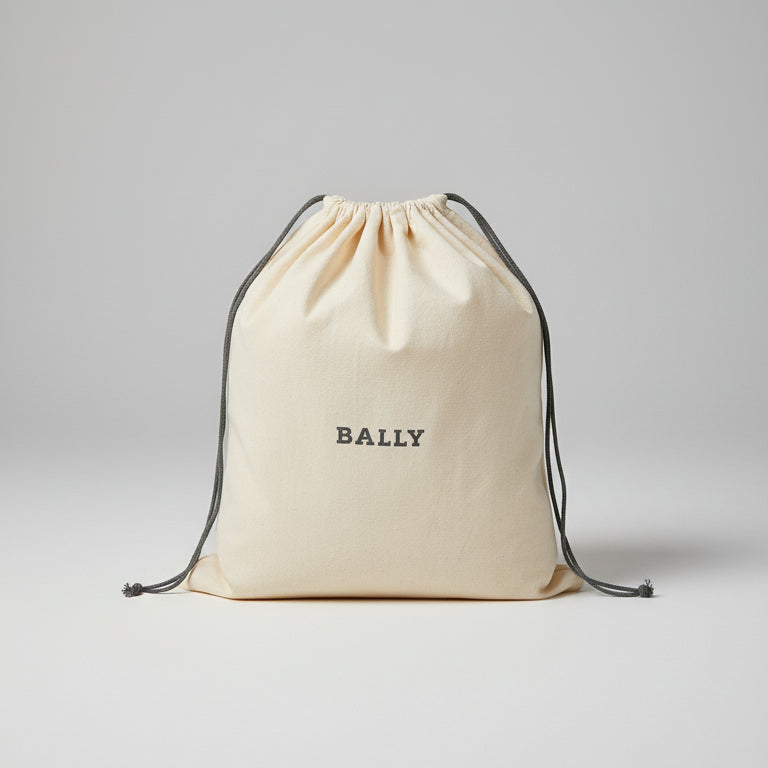 Beige drawstring bag with 'Bally' branding on a reflective surface