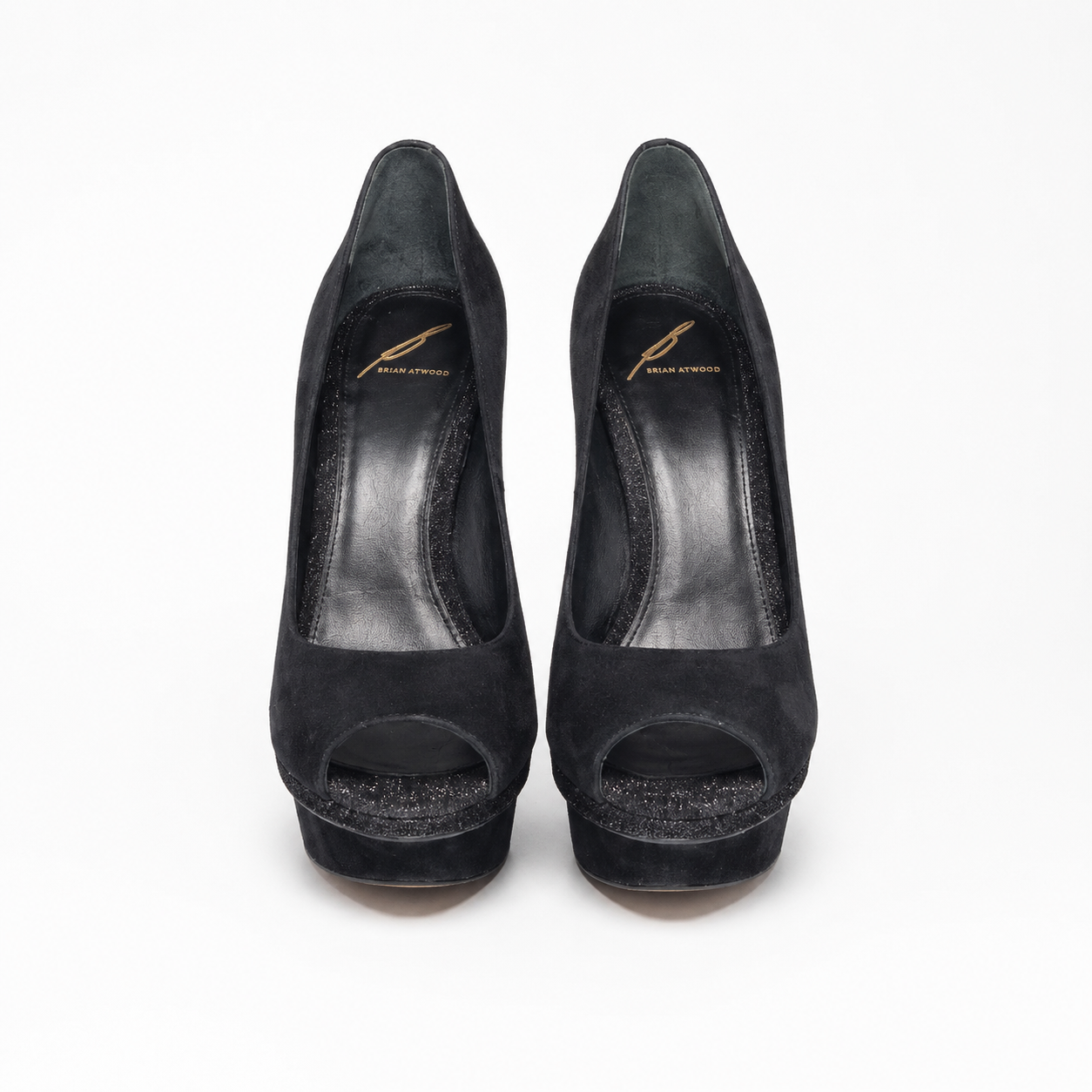 Loved By Lea: Brian Atwood Florencia black suede platform pumps sole view showing fuchsia and hot pink Swarovski crystal accents on heel