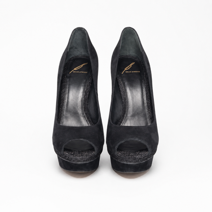Loved By Lea: Brian Atwood Florencia black suede platform pumps sole view showing fuchsia and hot pink Swarovski crystal accents on heel