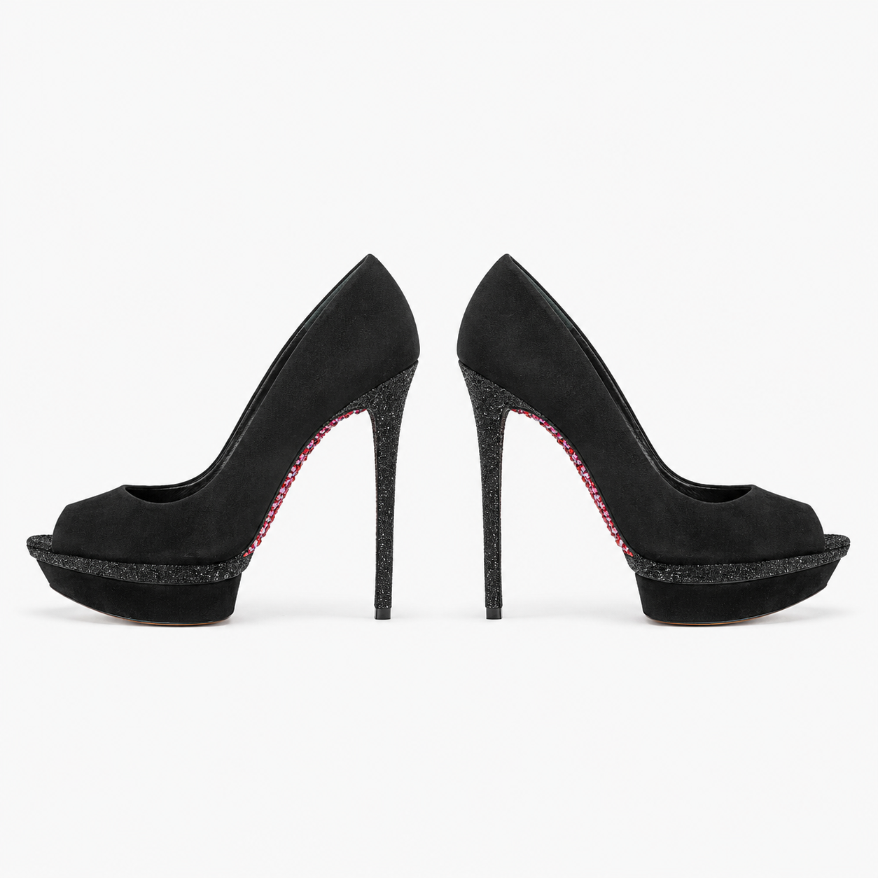 Loved By Lea: Brian Atwood Florencia black suede peep-toe platform pumps pair front view showing Brian Atwood gold insole branding and black glitter platform trim