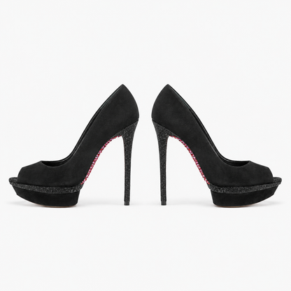 Loved By Lea: Brian Atwood Florencia black suede peep-toe platform pumps pair front view showing Brian Atwood gold insole branding and black glitter platform trim