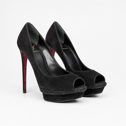 Loved By Lea: Brian Atwood Florencia black suede platform pumps pair front view displayed with original Brian Atwood black box from Saks Fifth Avenue