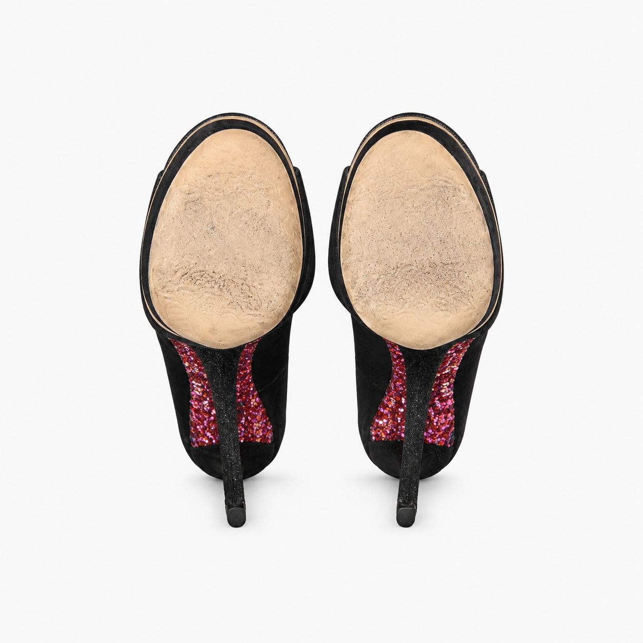 Loved By Lea: Brian Atwood Florencia black suede platform pumps pair side view showing stiletto heel and black glitter platform trim