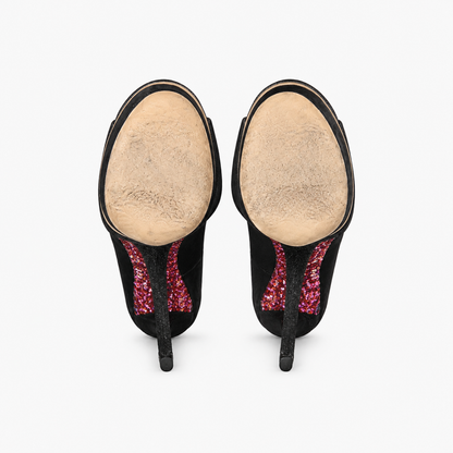 Loved By Lea: Brian Atwood Florencia black suede platform pumps pair side view showing stiletto heel and black glitter platform trim