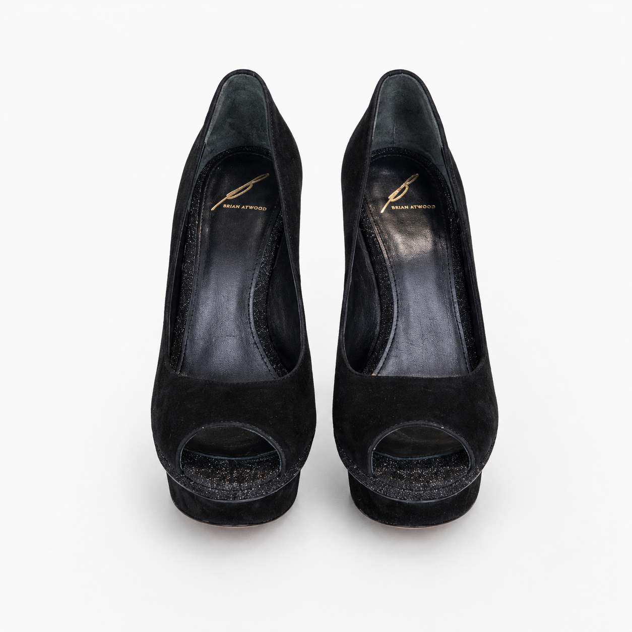 Loved By Lea: Brian Atwood Florencia black suede platform pumps pair back view showing fuchsia Swarovski crystal heel detail