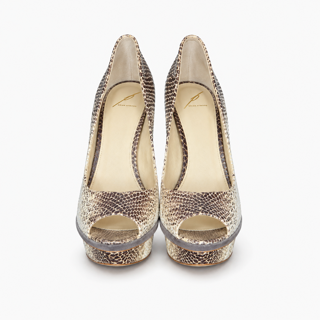 Loved By Lea: Brian Atwood snakeskin print leather peep-toe platform pumps pair side view showing gold heel tip and gray suede platform trim